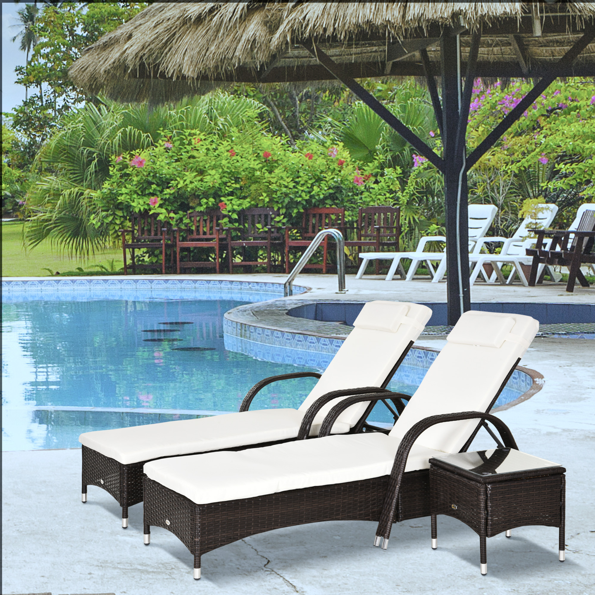 Outsunny 3er-Sonnenliegen-Set, 2x Gartenliege mit Beistelltisch, inkl. Liegeauflagen, Polyrattan, Braun+Cremeweiß