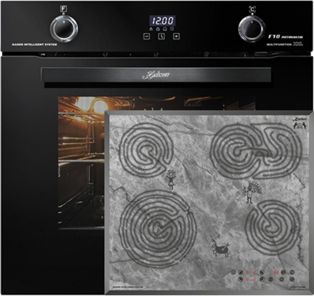 Backofen-Set Herd Set Autark Elektro Backofen, Autark, 79L, Drehspieß, Einbau Backofen,10Funktionen+Sehr Exklusives Kochfeld Autark 60cm mit Höhlenmalereimotiv EH 6367+KCT 6115 F Ära
