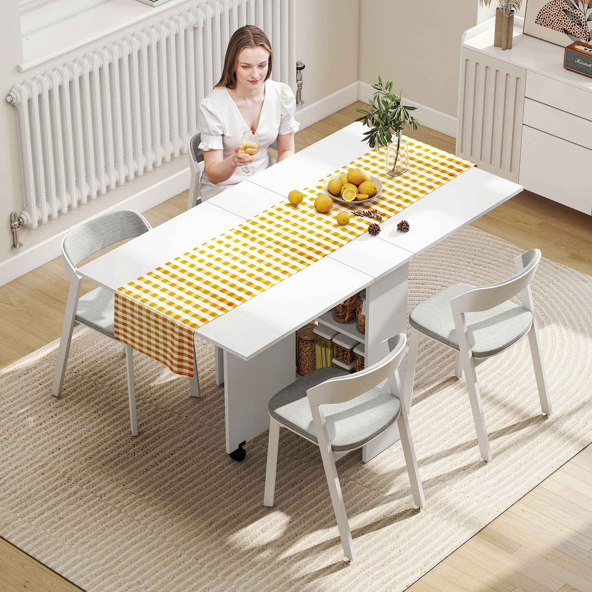 HOMCOM Esstisch, Klapptisch mit Rollen, Schreibtisch, Beistelltisch, Tisch mit Ablagefläche für Esszimmer, Holz, Weiß, 80 x 140 x 74 cm