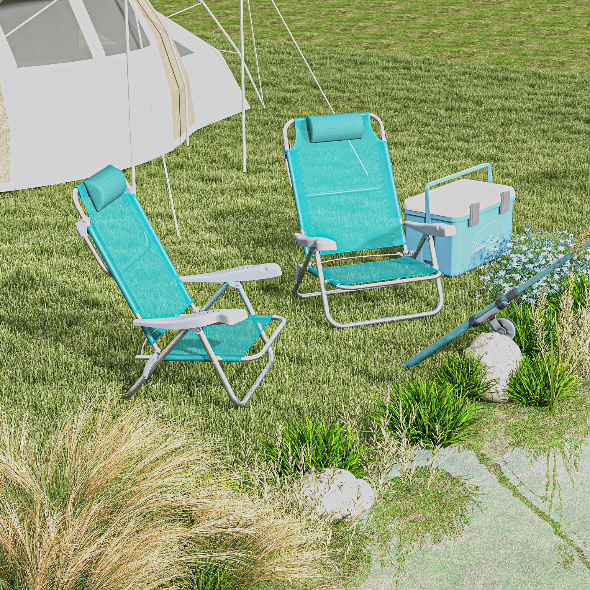 Outsunny Set aus 2 klappbaren Gartenstühlen tragbarer Angelsessel Campingstuhl mit verstellbarer Kopfstütze und 6-fach verstellbarer Rückenlehne