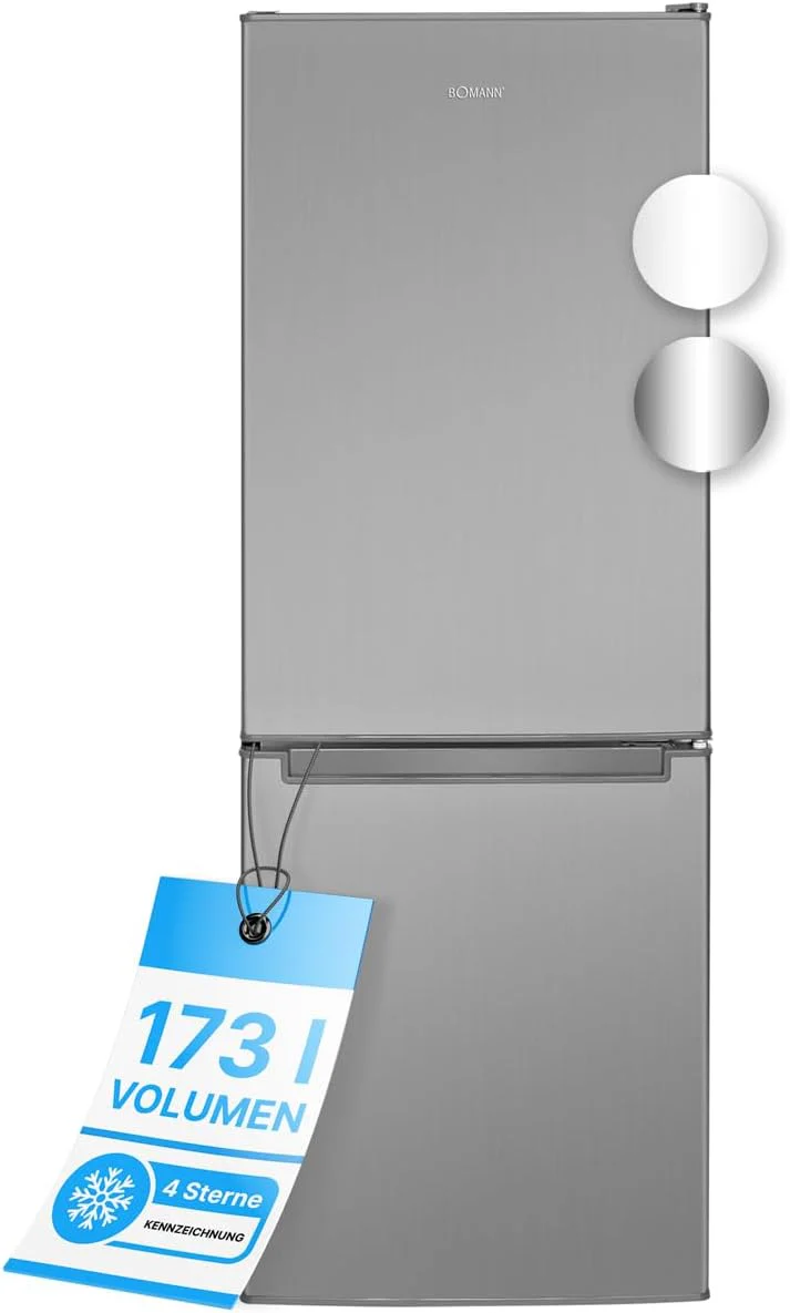Bomann? Koelkast met vriesvak 143 cm hoog | Koelvriescombinatie 173L met 3 plateaus & 3 laden | Deurrichting omkeerbaar | stille koelvriescombinatie 40dB | Koelkast | KG 7331 inox