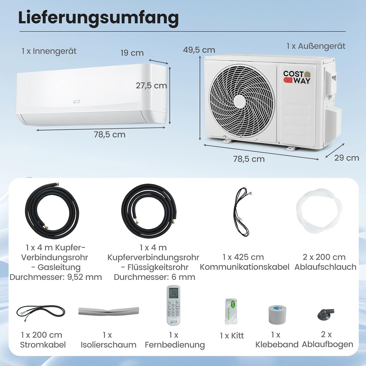 COSTWAY 12000BTU Split Klimageräte, Klimaanlage 3,4kW mit Heizfunktion, Air Conditioner energiesparend inkl. Kupferleitung, Kältemittel R32, Selfclean, Wandmotage für 70m³ Räume