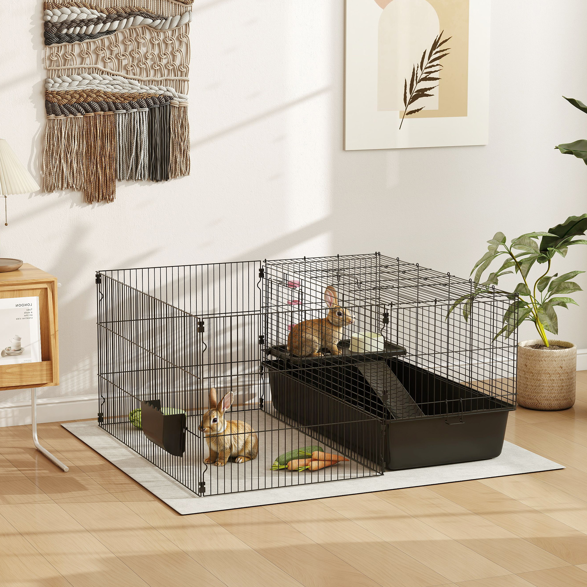 PawHut Kleintierkäfig mit abnehmbaren Gehege, Laufgitter mit Stall, inkl. Zubehör, Schwarz