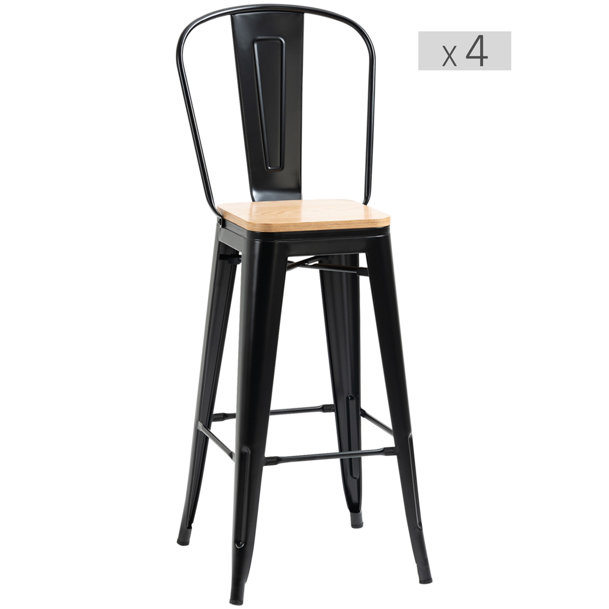HOMCOM Set mit 4 Industriellen Barhockern mit Rückenlehne Fußstütze Sitzhöhe 76 cm Metall Schwarz Mehrschichtige E1-Spanplatten Holzimitat