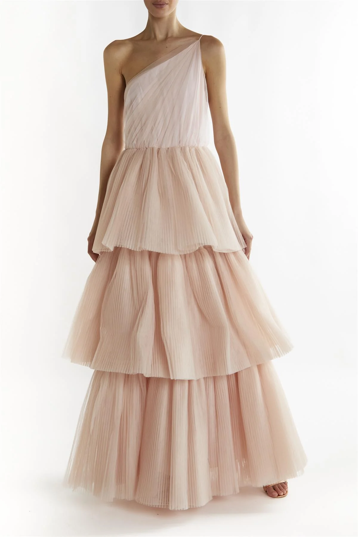 Nude-Peach Liana Asymmetric Tiered  Maxi-Dress