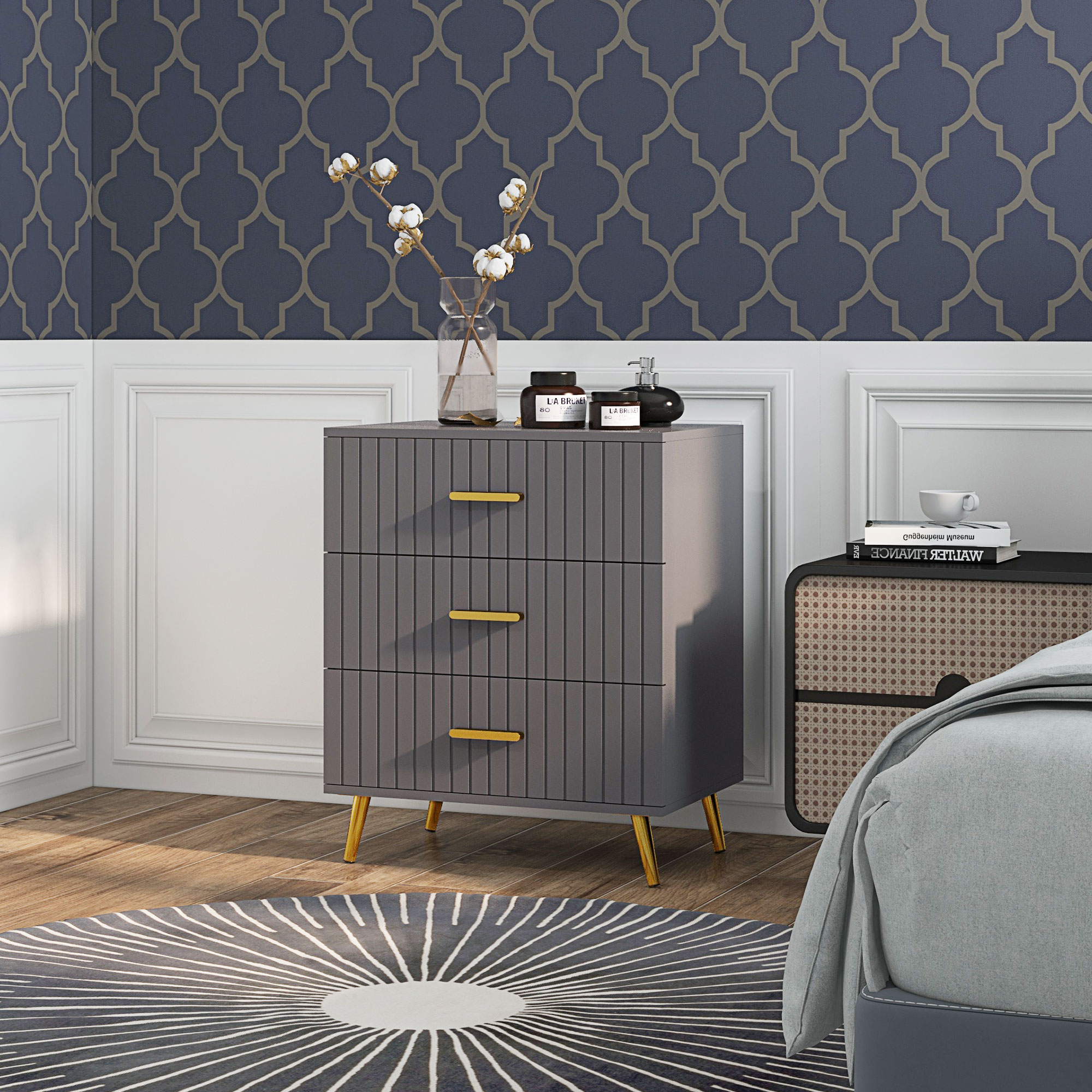 HOMCOM Sideboard 3 Schubladen Modern aus Holz und Aluminium, 60x40x71,5 cm, Goldtöne und Dunkelgrau