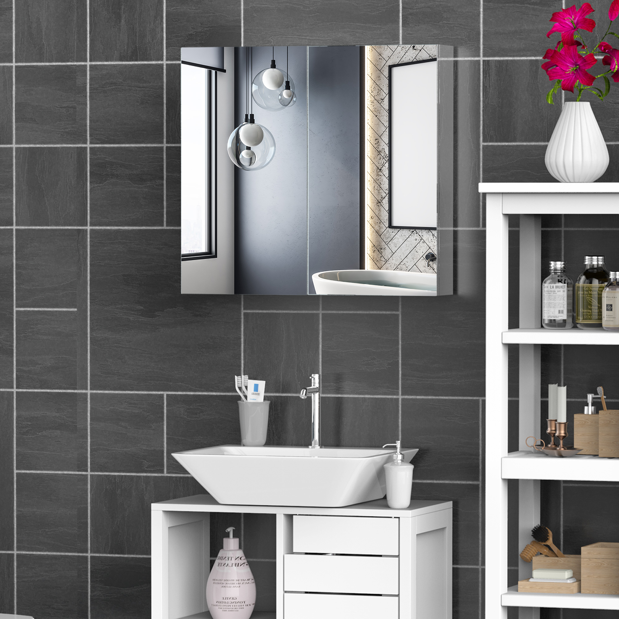 HOMCOM Spiegelschrank aus Edelstahl mit Regal für Badezimmer Toilette Wandmontage 60L x 12B x 55H cm