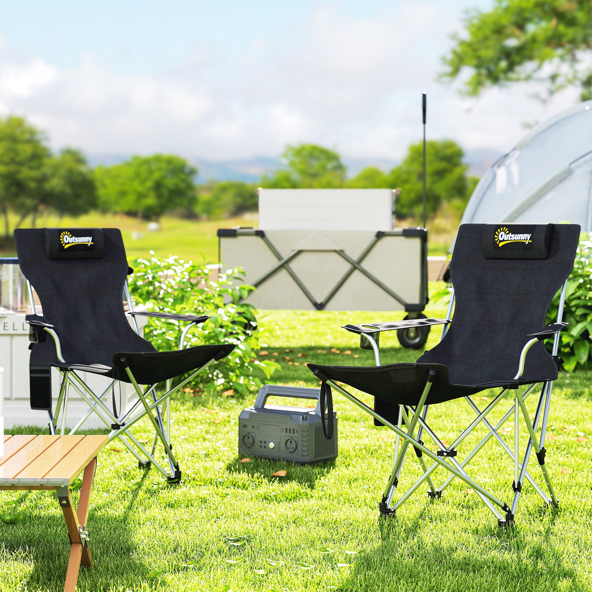 Outsunny 2er Set Campingstuhl faltbar Angelstuhl mit abnehmbar Fußstütze Getränkehalter belastbar 120 kg Schwarz