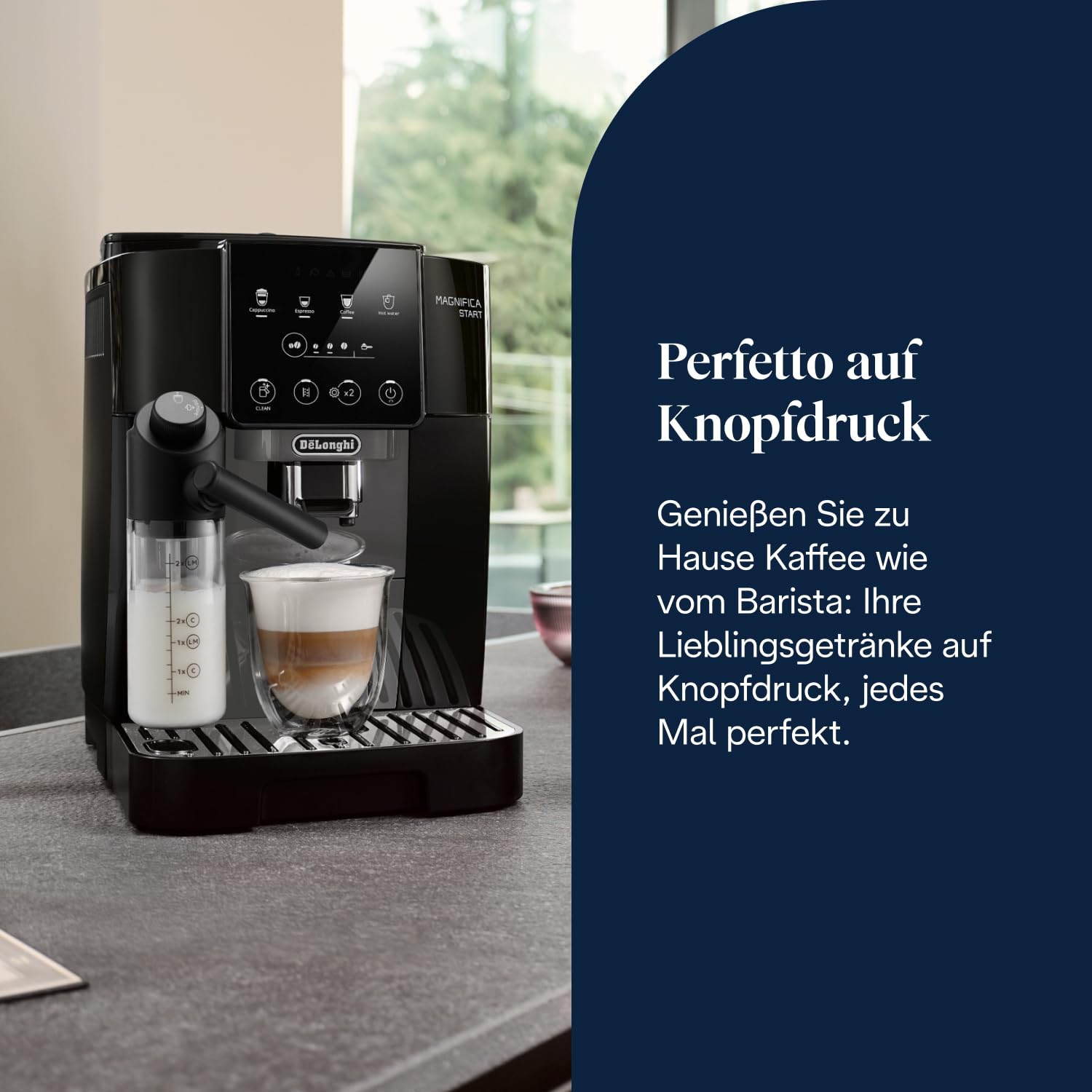 Kaffeevollautomat Magnifica Start mit 4 One-Touch-Getränken und LatteCrema Milchaufschäumsystem, 1,8 L, schwarz-grau