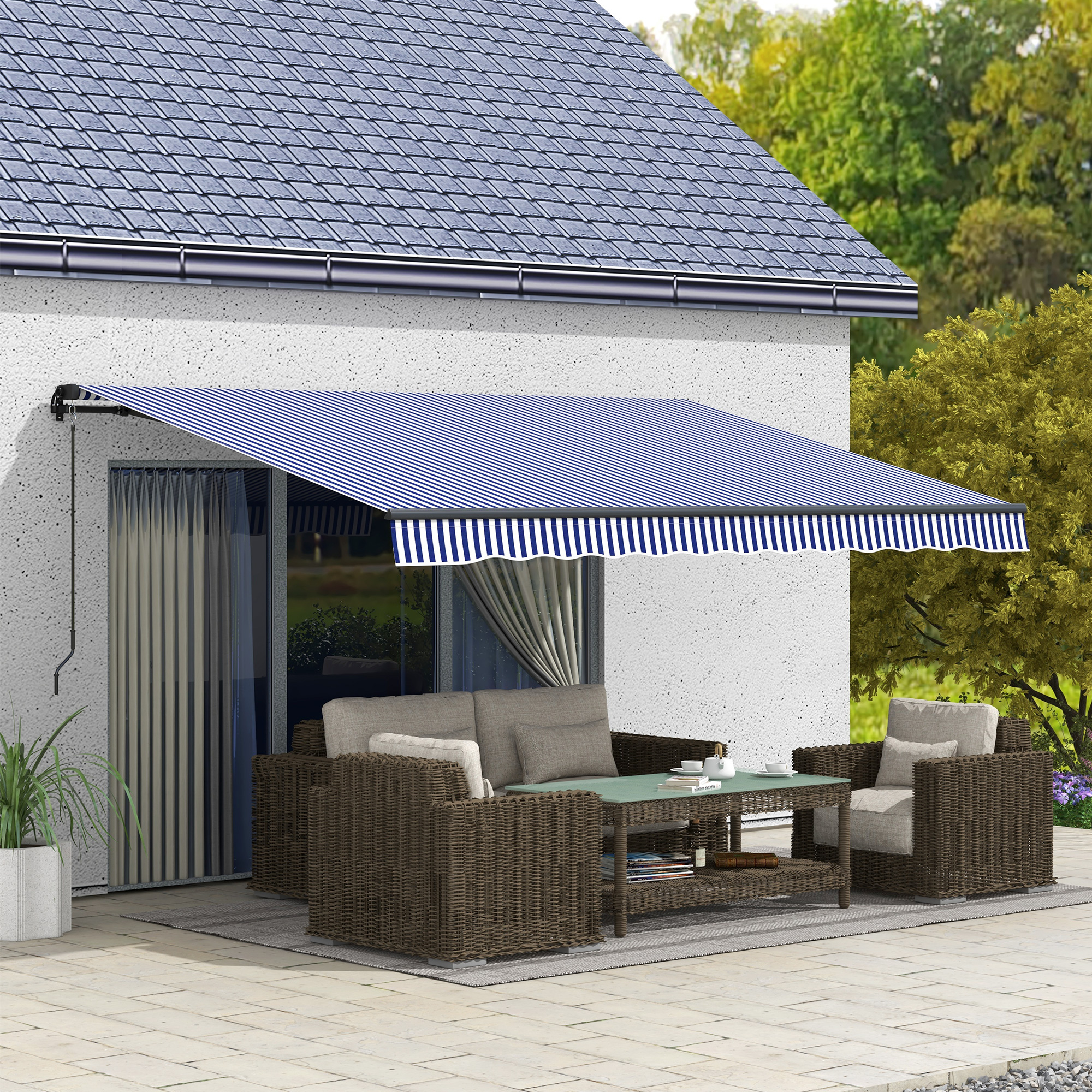 Outsunny Sonnenmarkise Markise Terrassenmarkise, inkl. Handkurbel, wetterbeständig, 396 cm x 300 cm, Blau + Weiß