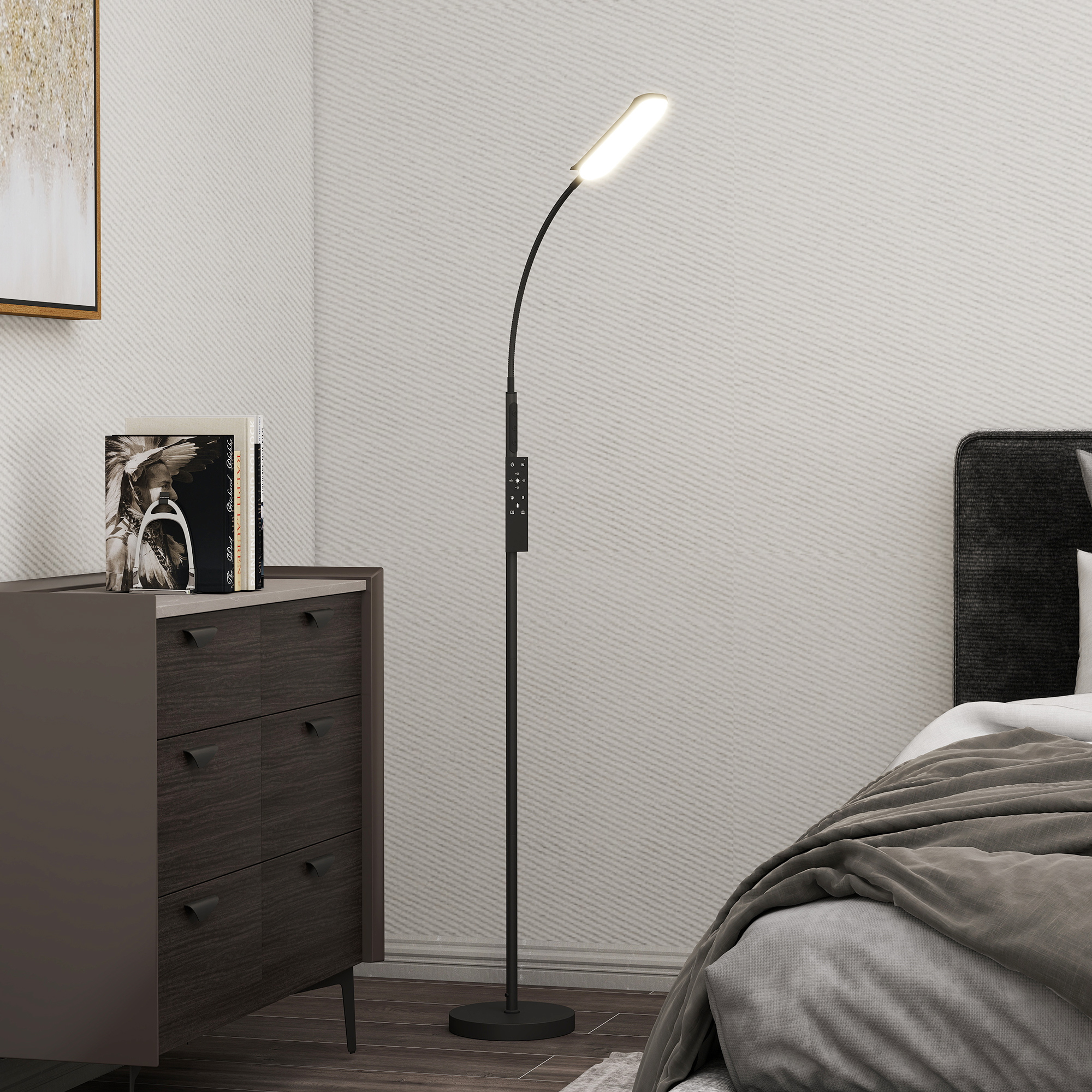 HOMCOM LED-Stehlampe, 5 Modi, Speicherfunktion, verstellbare Helligkeit, Stahl, Schwarz