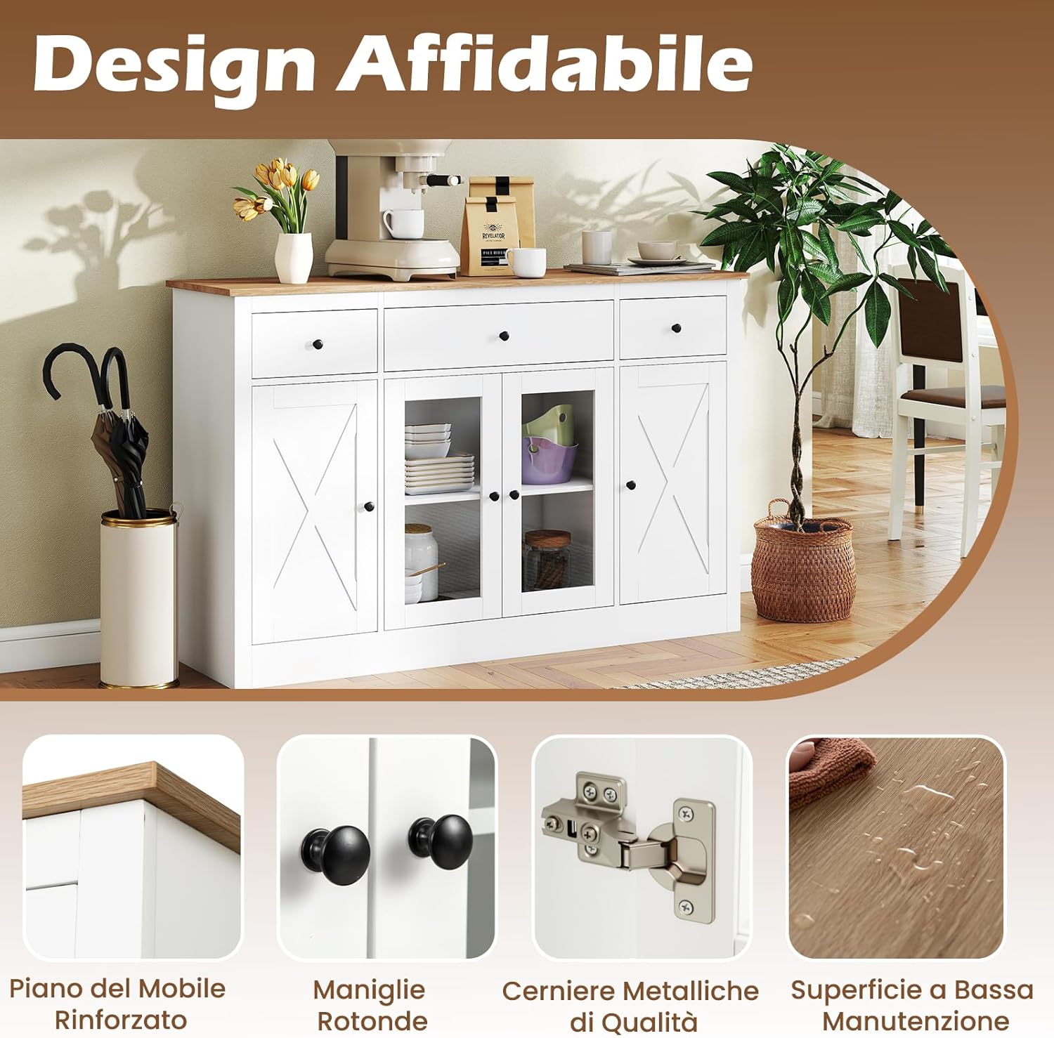 COSTWAY Credenza Cucina, Mobiletto da Cucina con 3 Cassetti, 3 Armadietti, 2 Ante Trasparenti e Ripiani Regolabili, Mobile Buffet Dispensa per Sala da Pranzo e Soggiorno, 140 x 40 x 90 cm (Bianco)