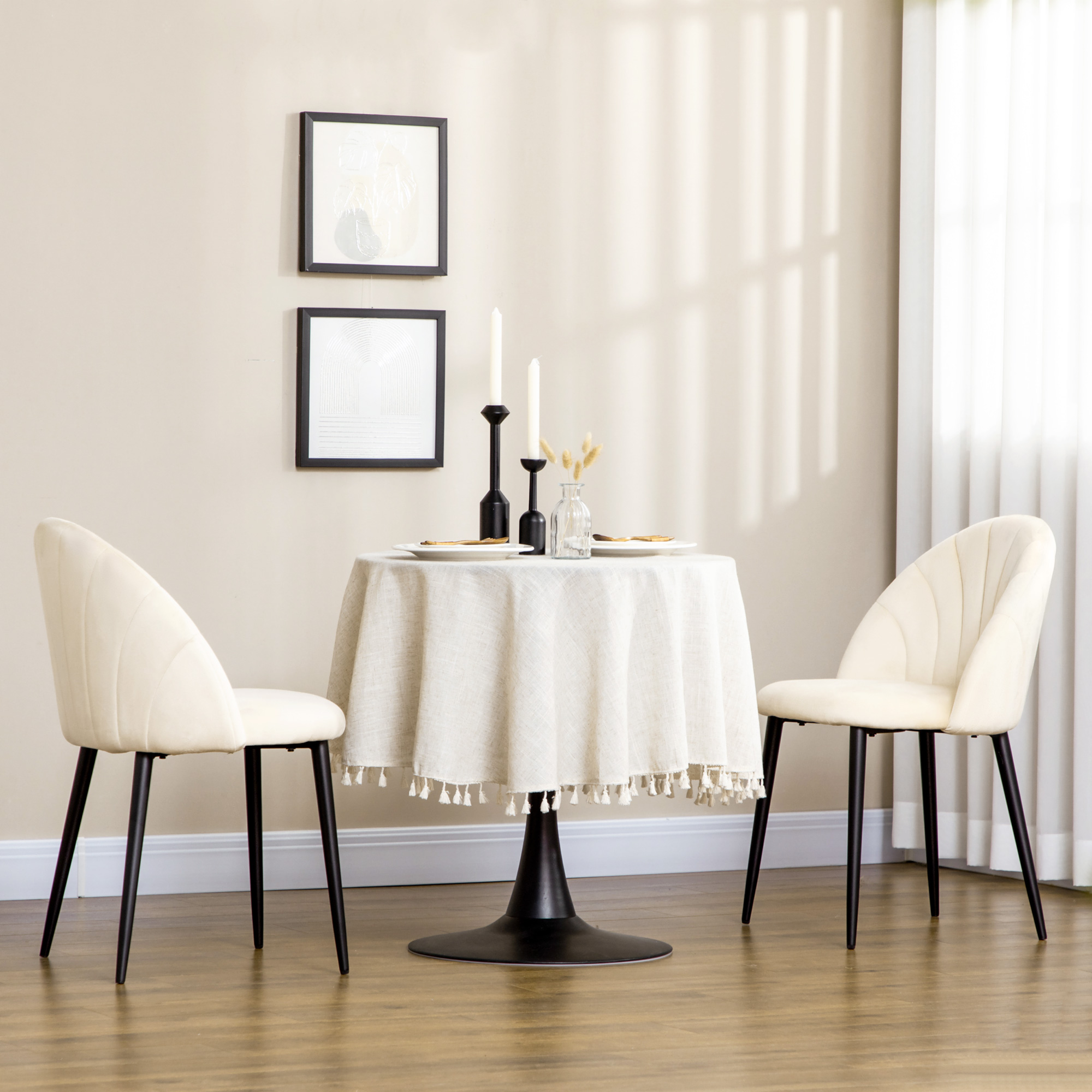 HOMCOM 2er-Set Esszimmerstühle im Skandi-Design, Küchenstühle, Samptoptik, Creme + Schwarz