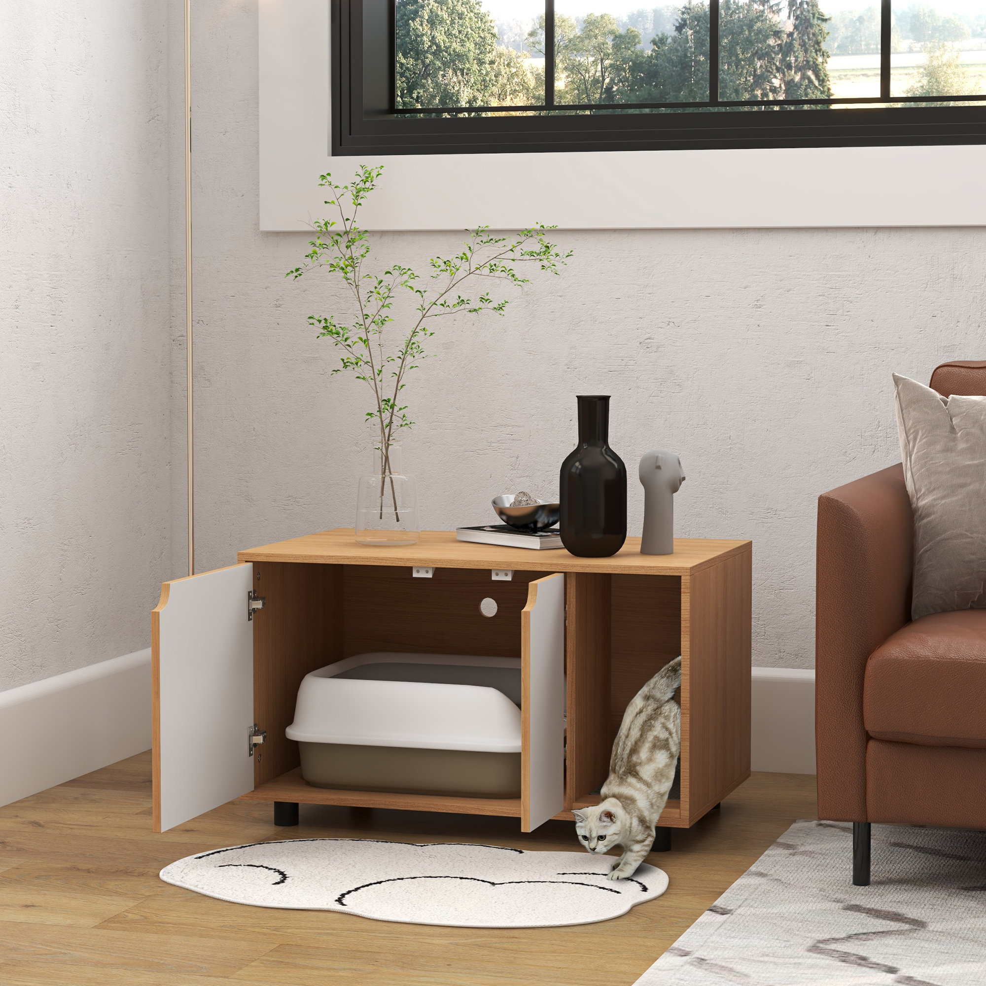 PawHut Katzentoilettenmöbel auf Beinen, 2-in-1-Türen im skandinavischen Stil, 80 x 48 x 48 cm, Natur und Weiß