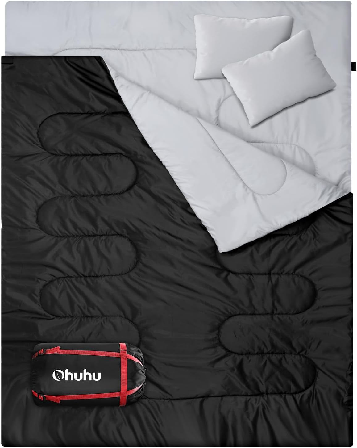 Ohuhu Sacco a Pelo Matrimoniale, Sacco a Pelo 3 Stagioni Enorme 220x150cm con 2 Cuscini, Sacco a Pelo Doppio Portatile Comodo Campeggio Leggero con Custodia, (2.75kg/3.5kg)