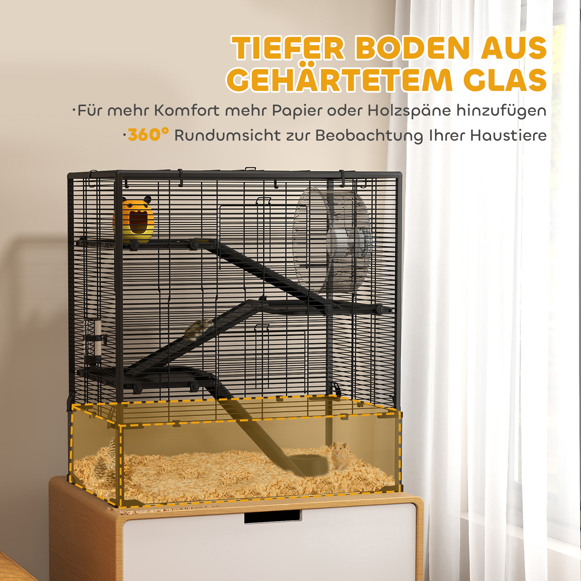 Hamsterkooi met glazen bodem, 4-niveau knaagdieren verblijf met hut en accessoires, 78,5L x 48,5B x 80H cm, Zwart