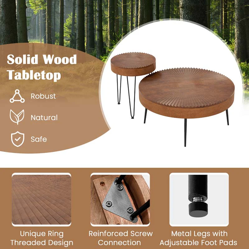 Boho Farmhouse Round Coffee Table Set of 2, Solid Pine Wood Nesting End Table with Metal Legs, Adjustable Foot Pads for Living Room