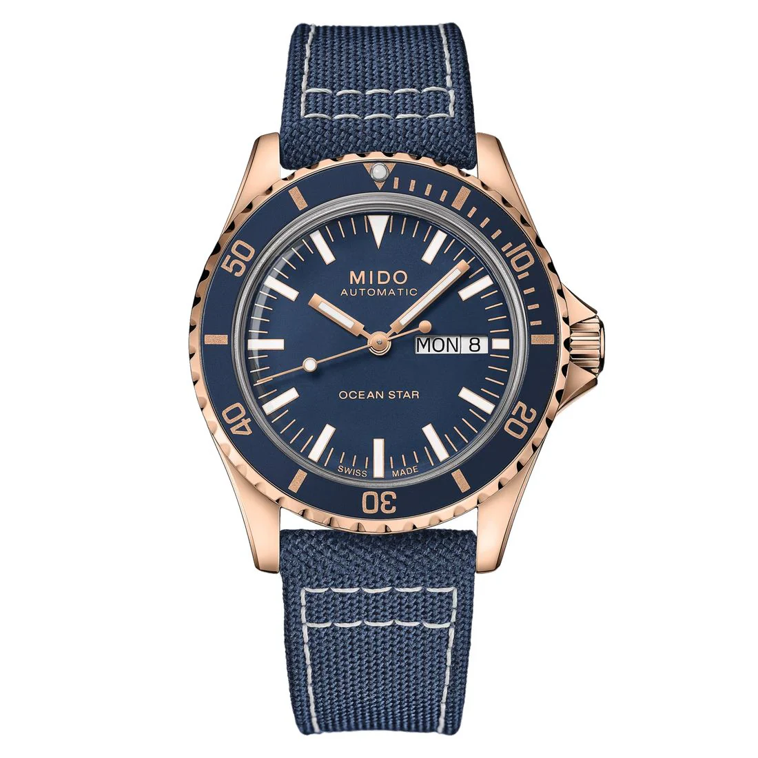 Orologio Mido Ocean Star Tribute PVD rosa e canvas blu