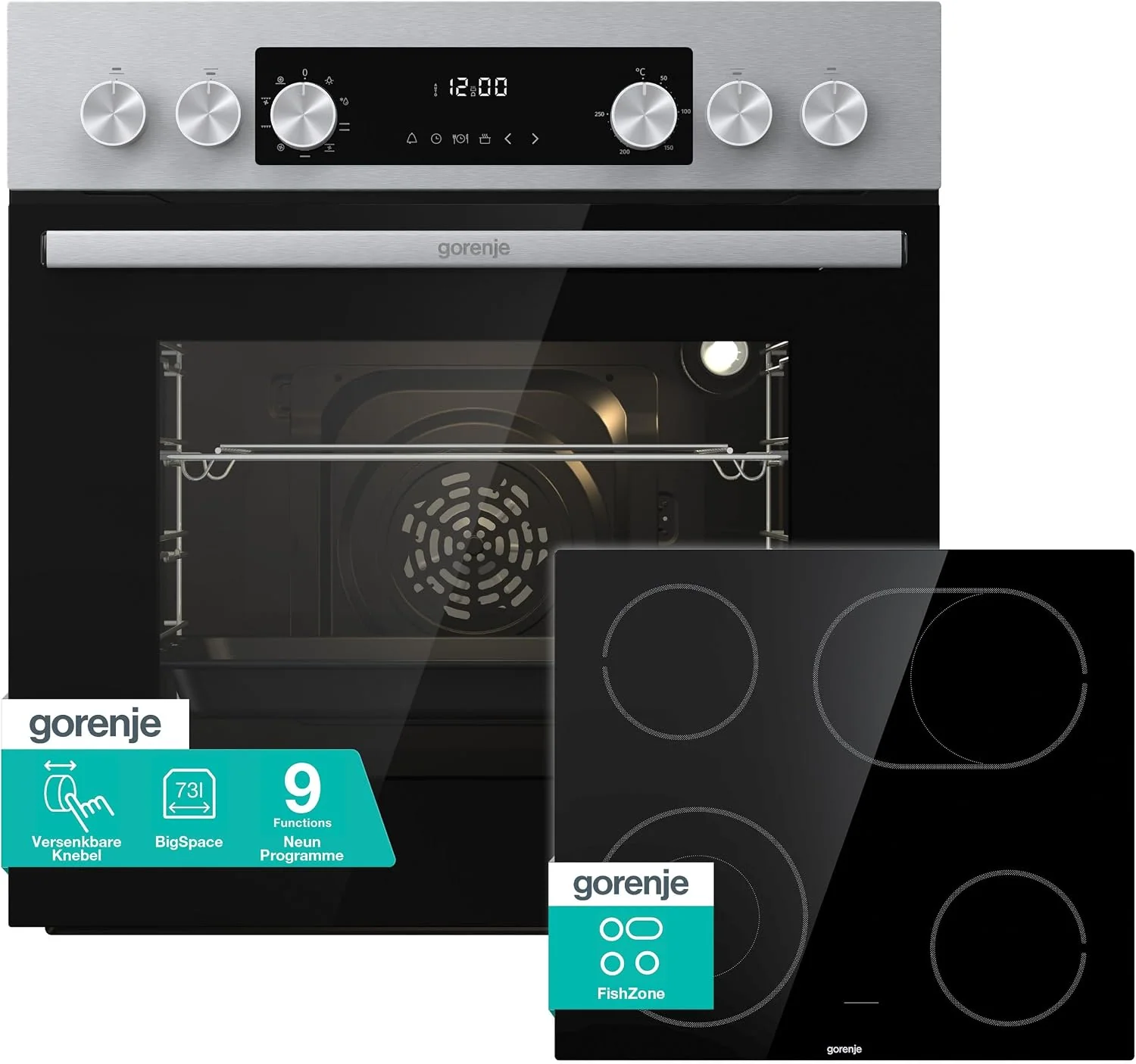 Gorenje Einbau-Herd-Set Inox Air Set mit Glaskeramik-Kochfeld, Mininmale Einbaunische (HxBxT): 60x56x58 cm, 73L, Heißluft, 250° max. Ofentemperatur