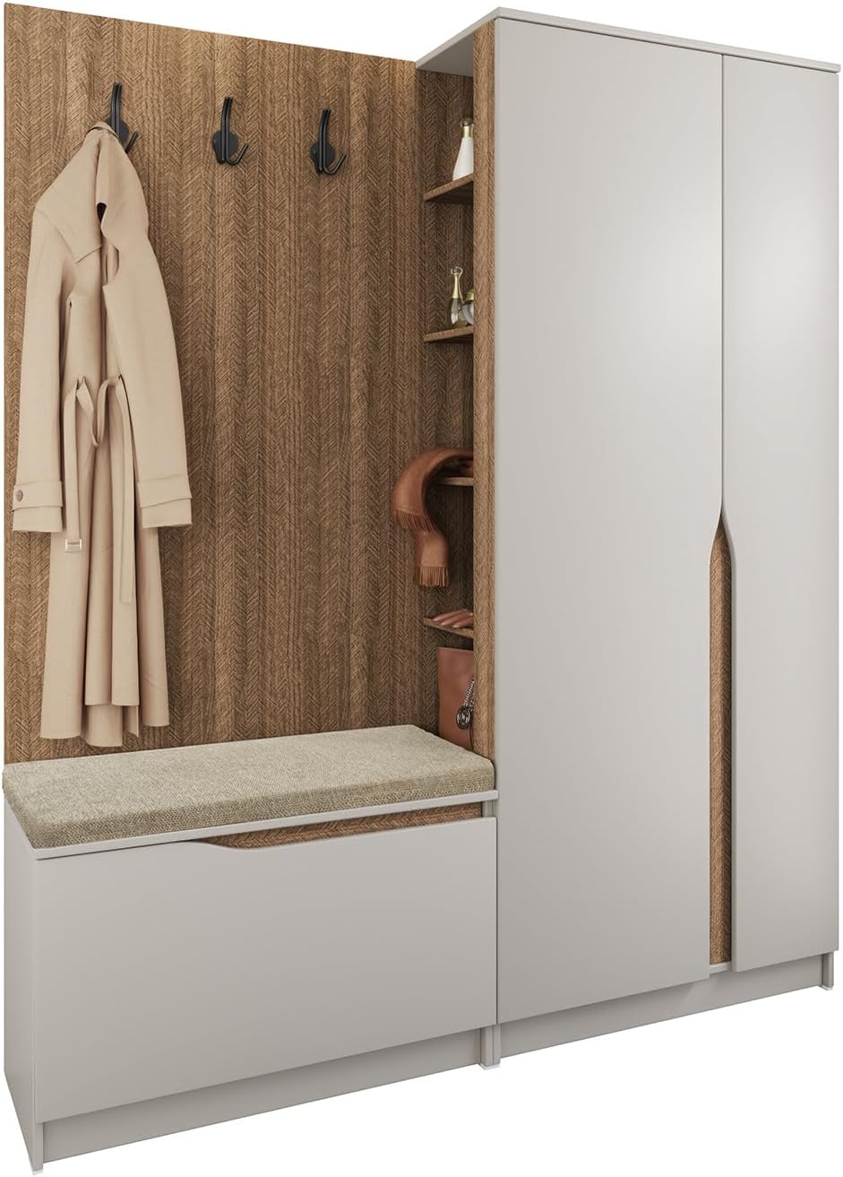 Mobile ingresso Moderno Composto da 3 Ganci Appendiabiti a Vista 2 Ante Battenti Scarpiera a Ribalta Seduta con Cuscino e 5 Vani a Giorno Laterali Arredamento Ingresso 160x188 cm II26