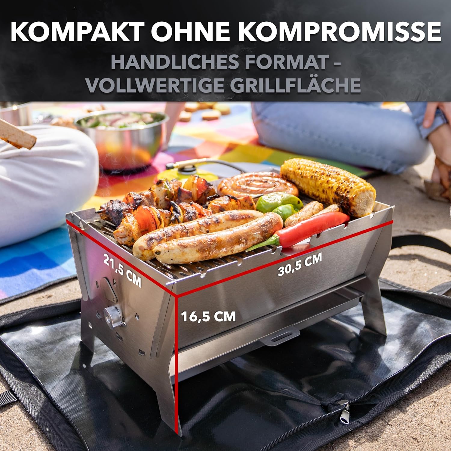 Grill | Mobiler Steck-Gasgrill – Tragbarer Edelstahlgrill mit Stecksystem – Gas- & Holzkohlebetrieb – Inkl. Tragetasche – Perfekt für Camping, Balkon, Garten & Outdoor - Camping Grill