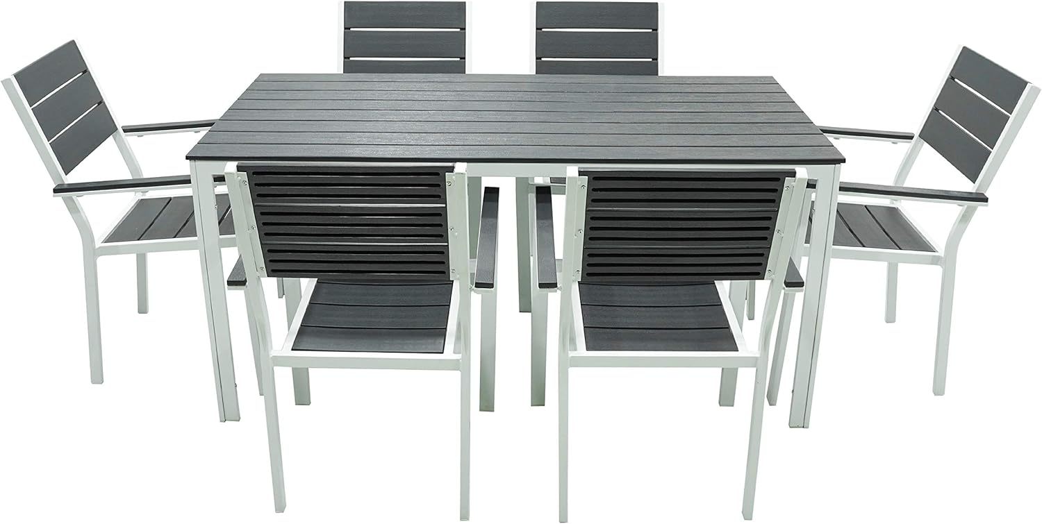 Table Set with Garden Chairs Complete Table with 6 Outdoor Armchairs White Metal Frame and Slats in HPDE Grey Teak Effect