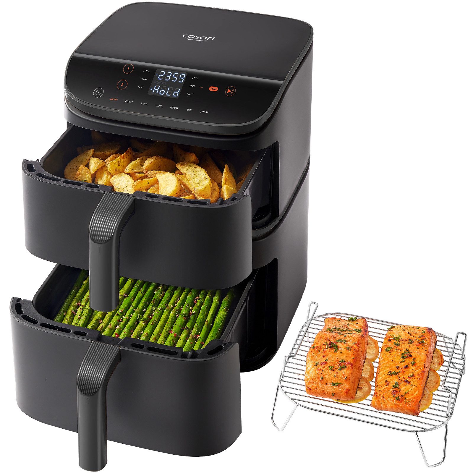 Heißluftfritteuse Cosori Turbo Tower CAF-DC121 mit vertikaler Doppelkammer