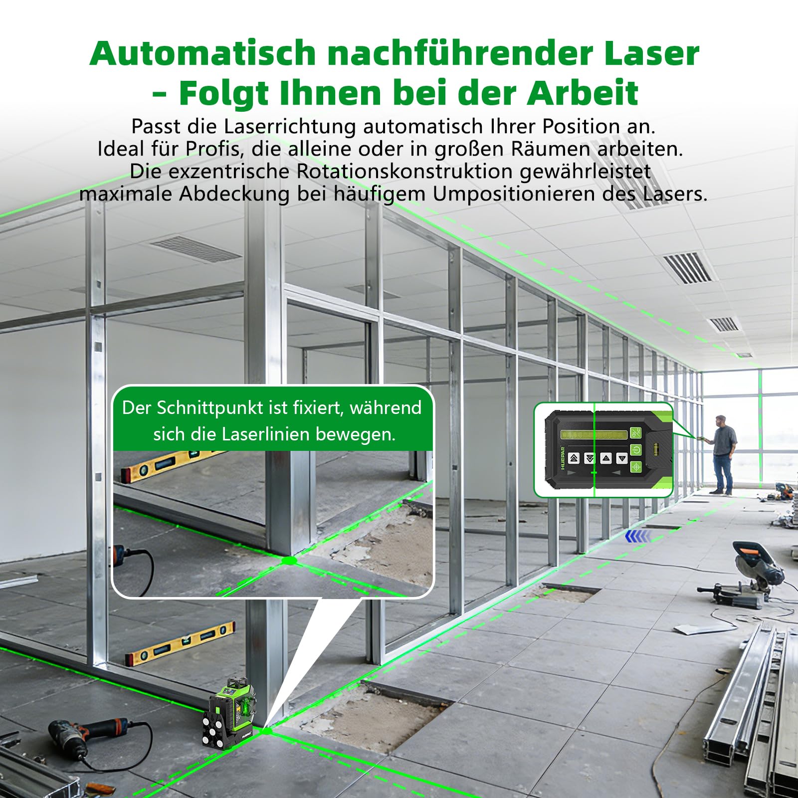 Kreuzlinienlaser 360 Grad mit motorischer Basis, Fernbedienungsempfänger und 5200-mAh-Akku