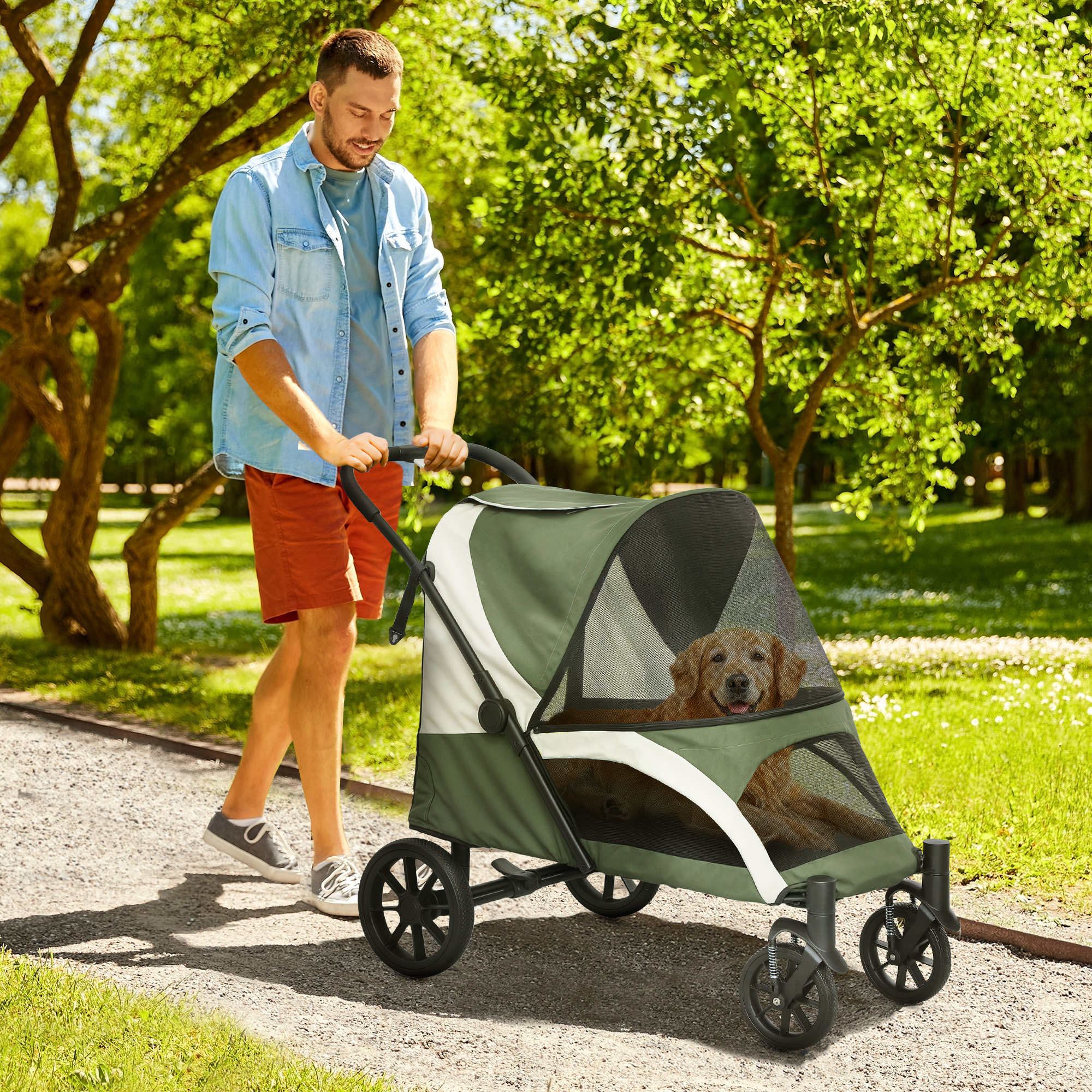 PawHut Hondenbuggy, Opvouwbare Huisdierenwagen voor Grote Honden, met 4 Wielen, Veiligheidslijnen, Remmen, Donkergroen