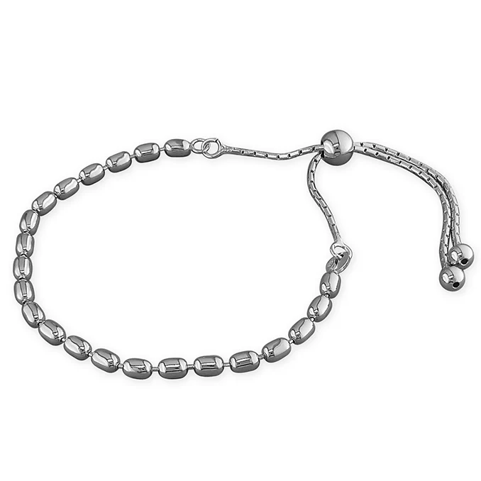 Rhodium-plated Oval Bead Slider Silver Bracelet