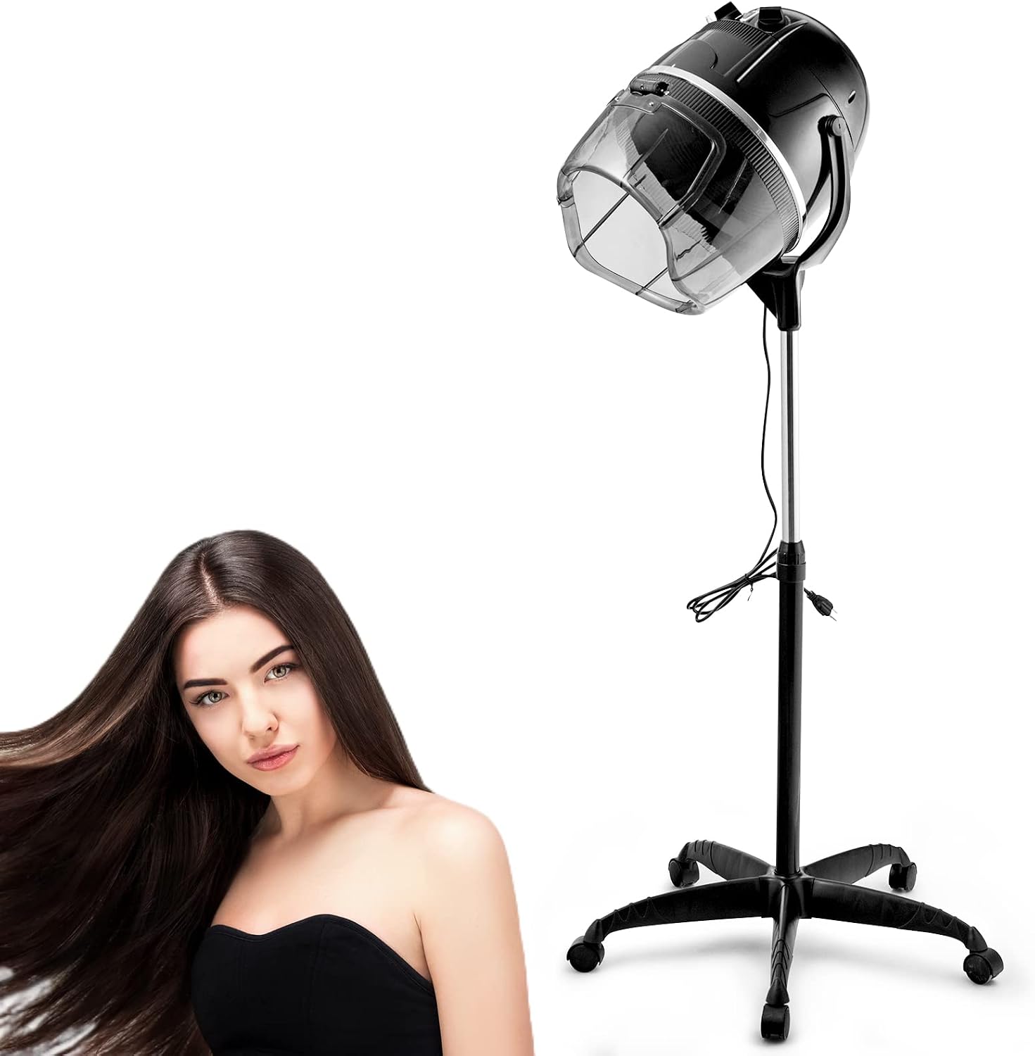 RELAX4LIFE Casco Asciugacapelli Professionale 1050 W, Temperatura 40/75 ºC per Asciugatura e Styling, Timer fino a 60 min, Altezza Regolabile 125/160 cm, per Casa e dal Parrucchiere, Nero