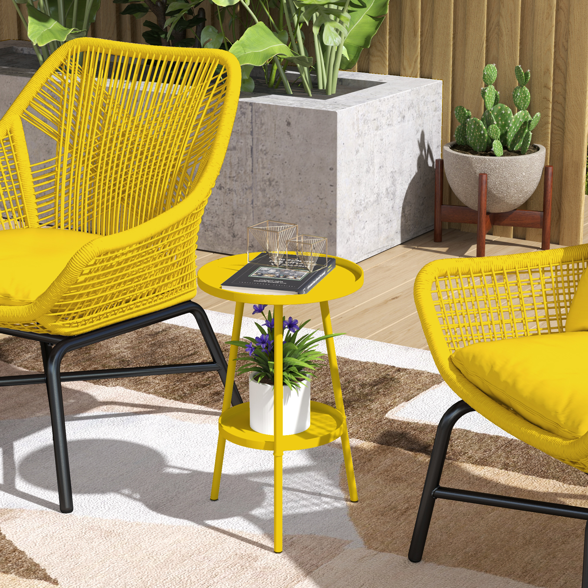 Outsunny Kleiner runder Beistelltisch mit 2 Ebenen Gartentisch für Terrasse Wohnzimmer Balkon aus Metall Ø 32 x 51 cm gelb
