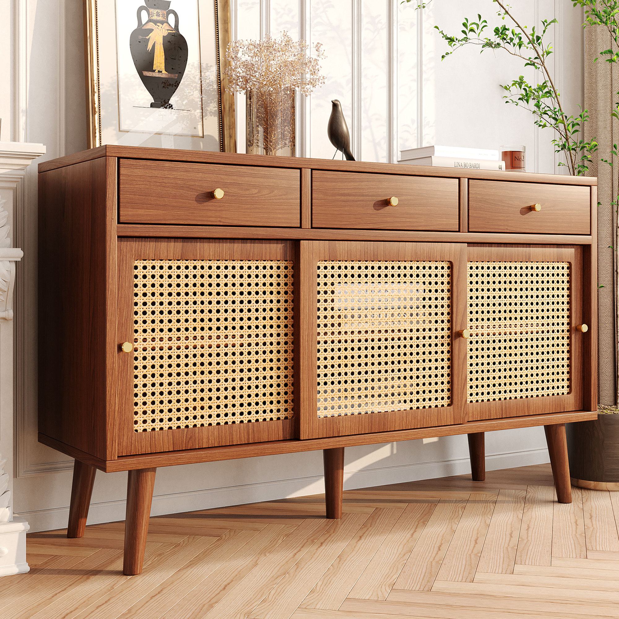 Sideboard 120 cm breit, Rattan Design mit verstellbaren Ablagen, massives Holzbein, für Wohnzimmer, Walnuss