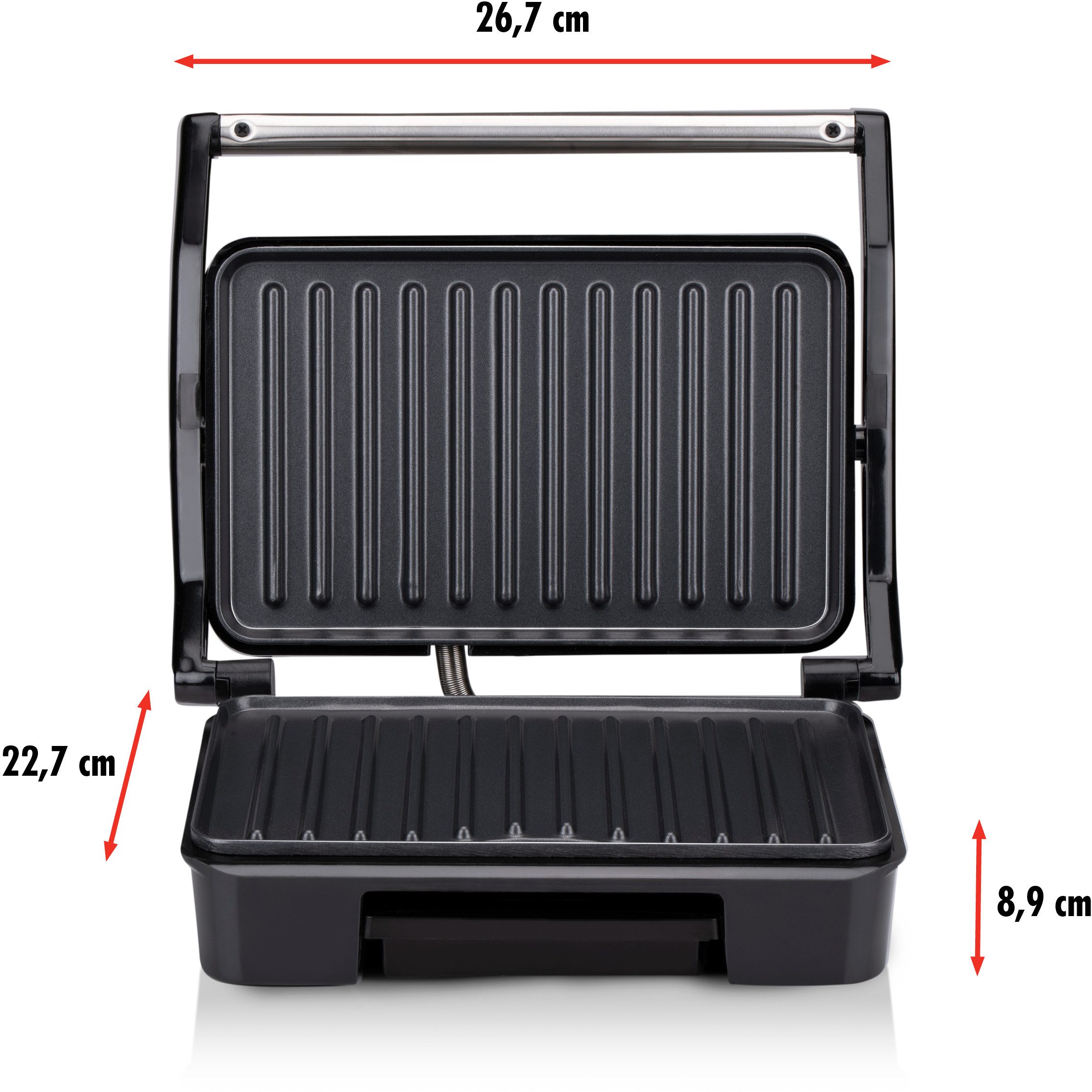 Paninigrill / Kontaktgrill 750W, Antihaft, Tropfschale, 23x14,5cm, Silber