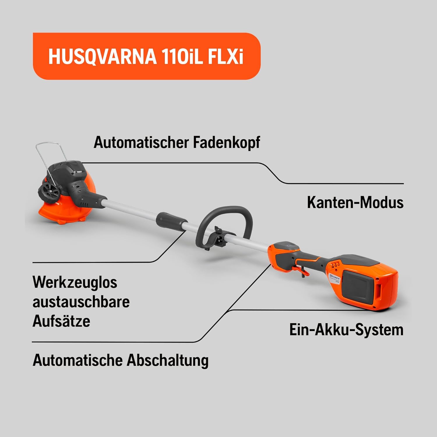 Husqvarna 110iL 36V Akku-Rasentrimmer – Leichtes, leises, vielseitiges Multifunktions-Werkzeug mit Kantenschneide-Modus, Pflanzenschutzbügel und Wechselaufsatz-Kompatibilität (inkl. Akku & Ladegerät)