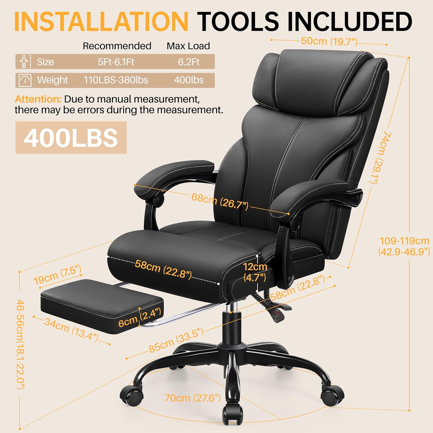 Office Chair, Executive Big and Tall Leather Desk Chairs with Footrest, Ergonomic Breathable Computer Chair with Adjustable High Back, Lumbar Support Swivel PC Chairs with Rocking Function