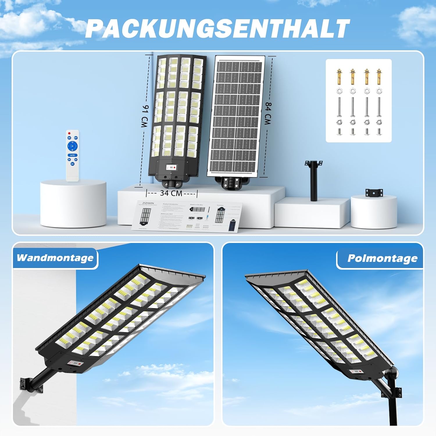 Große Solar Straßenlaterne 2 Pack für Außen, IP67 Wasserdichte Solarlampen mit Bewegungsmelder, 7000K Große Solarleuchten für Außen mit Fernbedienung, Solar Wegeleuchte für Parkplatz Straßen