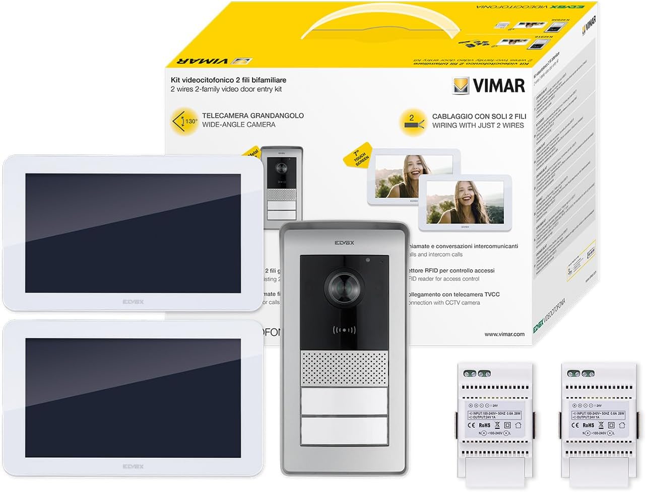 Vimar K42936 Kit videocitofono multifamiliare, videocitofoni touch screen, alimentatore barra DIN, targa con lettore RFID con 2 pulsanti, staffe per fissaggio