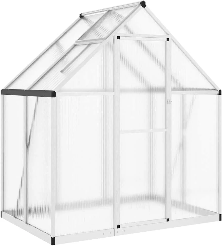 Gewächshaus mit Fundamentrahmen, Frühbeet (169 x 114 x 195 cm), Pflanzenhaus mit Dachrinnensystem Flügeltür, Treibhaus für Pflanzen, Aluminium/PC