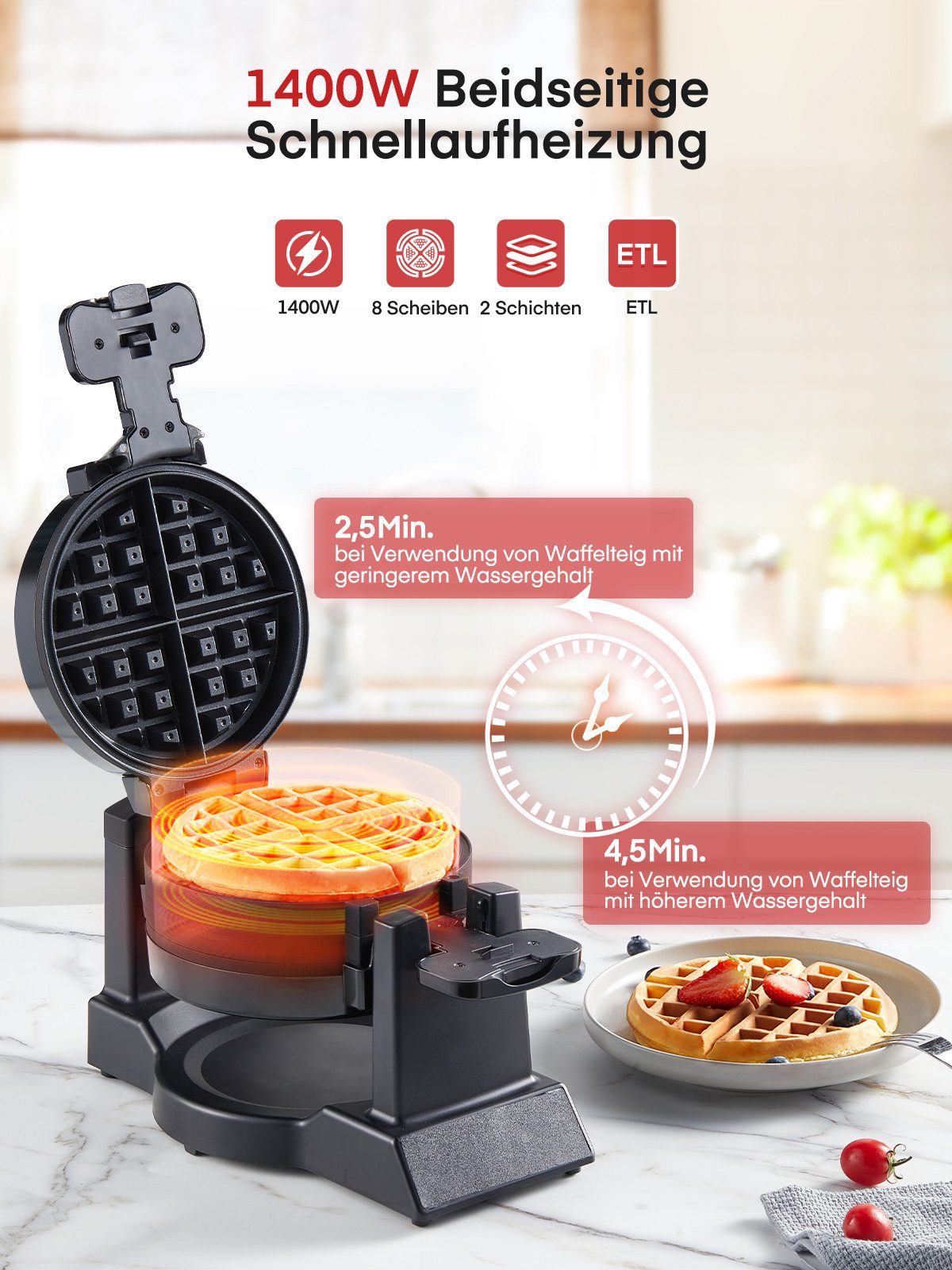 Waffeleisen Doppelwaffeleisen für belgische Waffeln, 180°-Wendefunktion