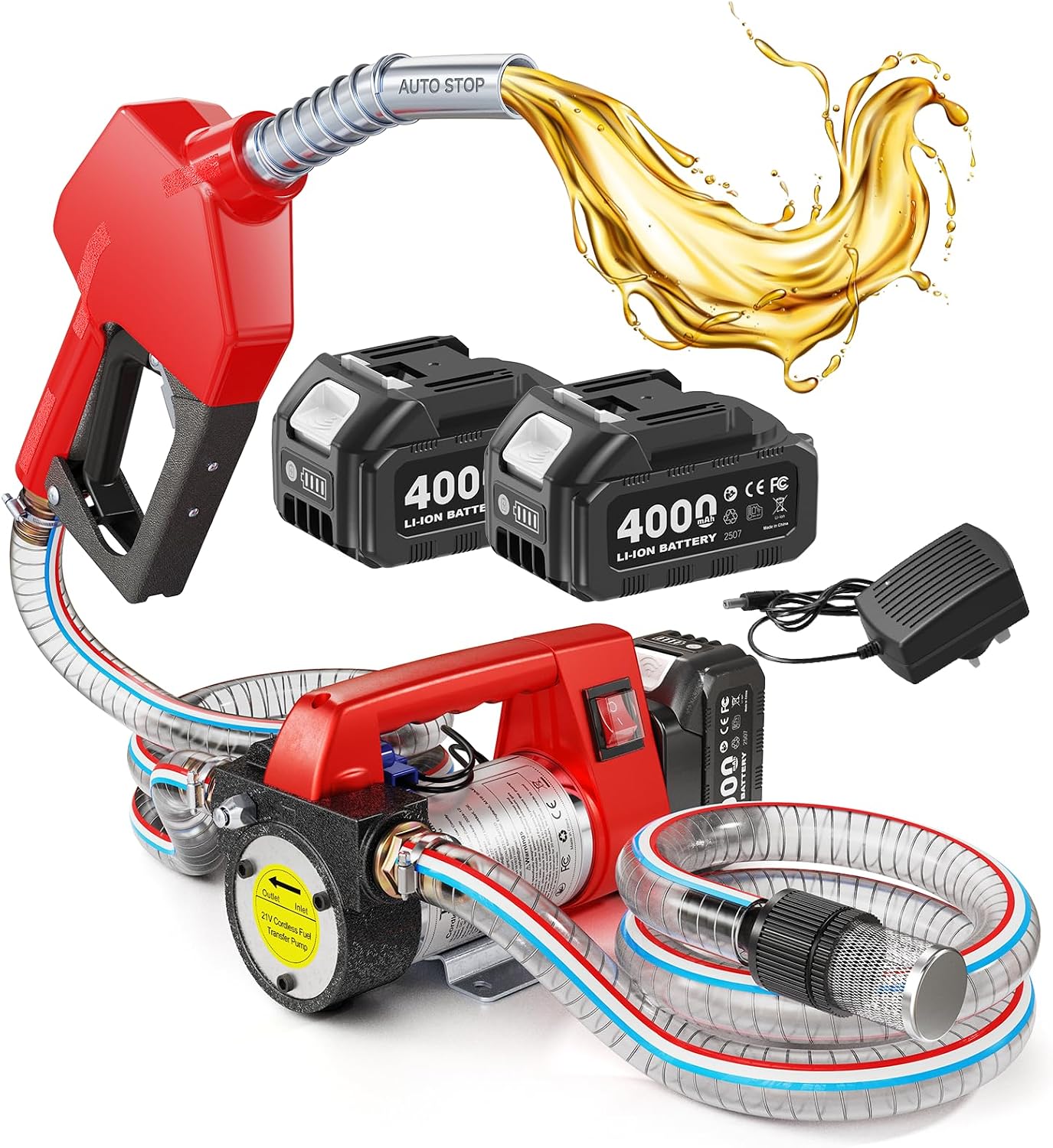 Taskstar Pompa Travaso Gasolio a Batteria 45L/min, Set di Pompe Elettriche da 21V con Batteria 2x4,0Ah, Pompa Portatile per Olio Combustibile con Ugello, 2x Tubo da 2 m per Diesel e Cherosene