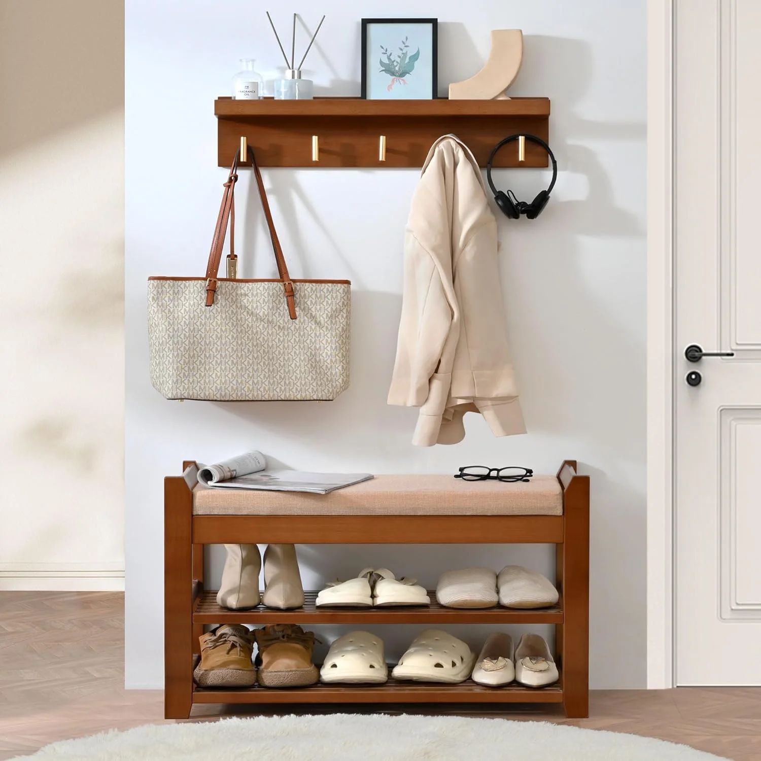 Shoe Rack for Front Door Entrance, 28�� Entryway Bench with Coat Rack, Hall Tree Shoe Bench with Storage for Entry, Hallway, Bedroom, Living Room