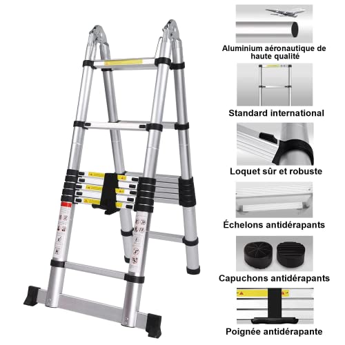 COOCHEER Scala pieghevole 5 m, scala telescopica in alluminio, scala estensibile, scala antiscivolo, scala a mano, carico massimo 150 kg : Amazon.it: Fai da te