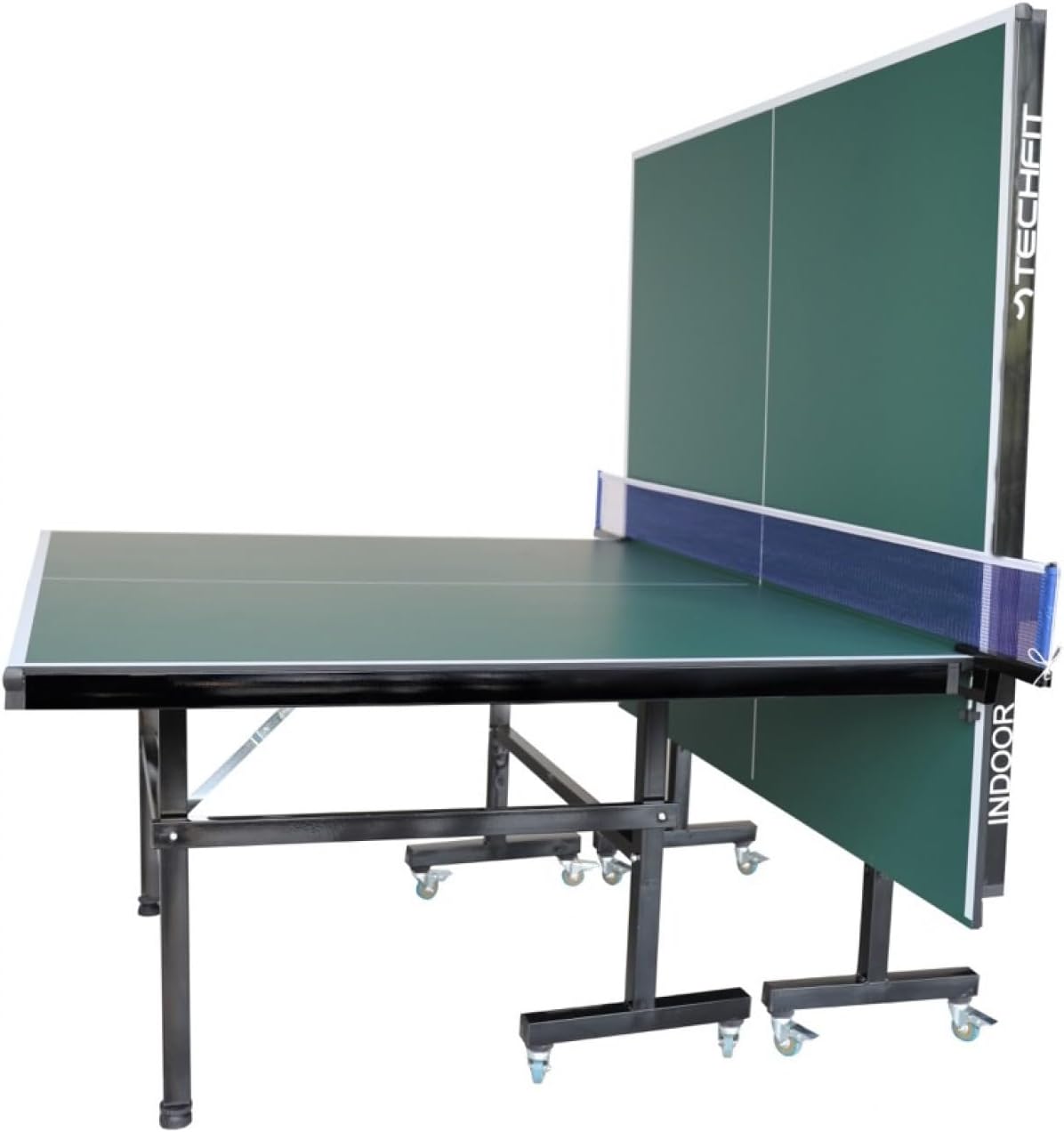 TechFit Tavolo da Ping Pong Professionale per Interni - Pieghevole da Interno con Inclinazione Unilaterale, Struttura Metallica Nera, Rete da 180 cm, Roti Silconate con Freni, 274x152,5x76 cm