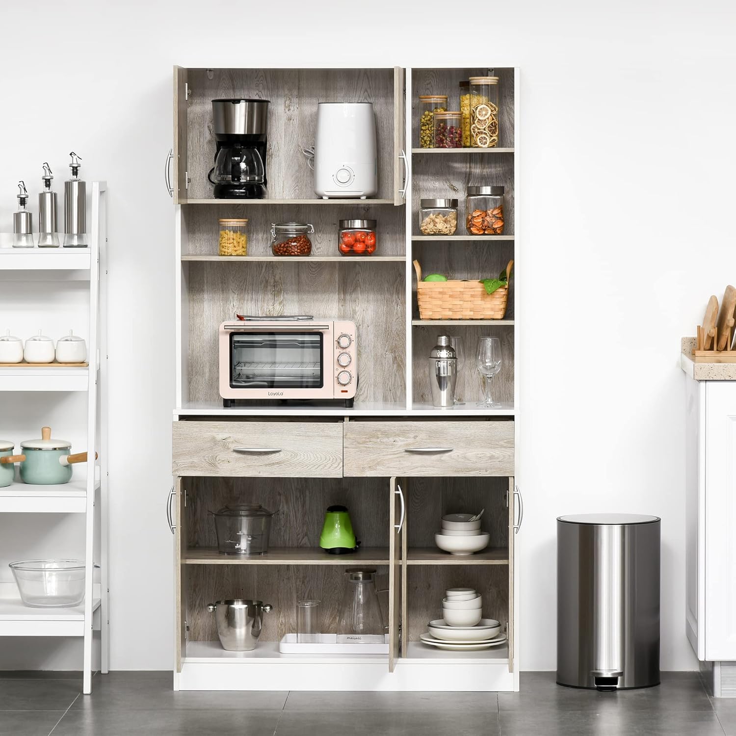 HOMCOM Mobile Buffet Dispensa Cucina, Ante Cassetti e Vani Aperti, 100L x 39P x 181.5Acm Bianco e Legno