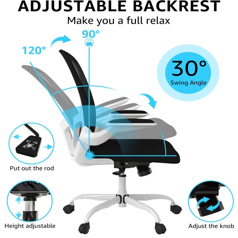 Silybon Ergonomic Office Chair, Adjustable Height with Flip Up Arms, Breathable Mesh, 300 lbs Capacity, White