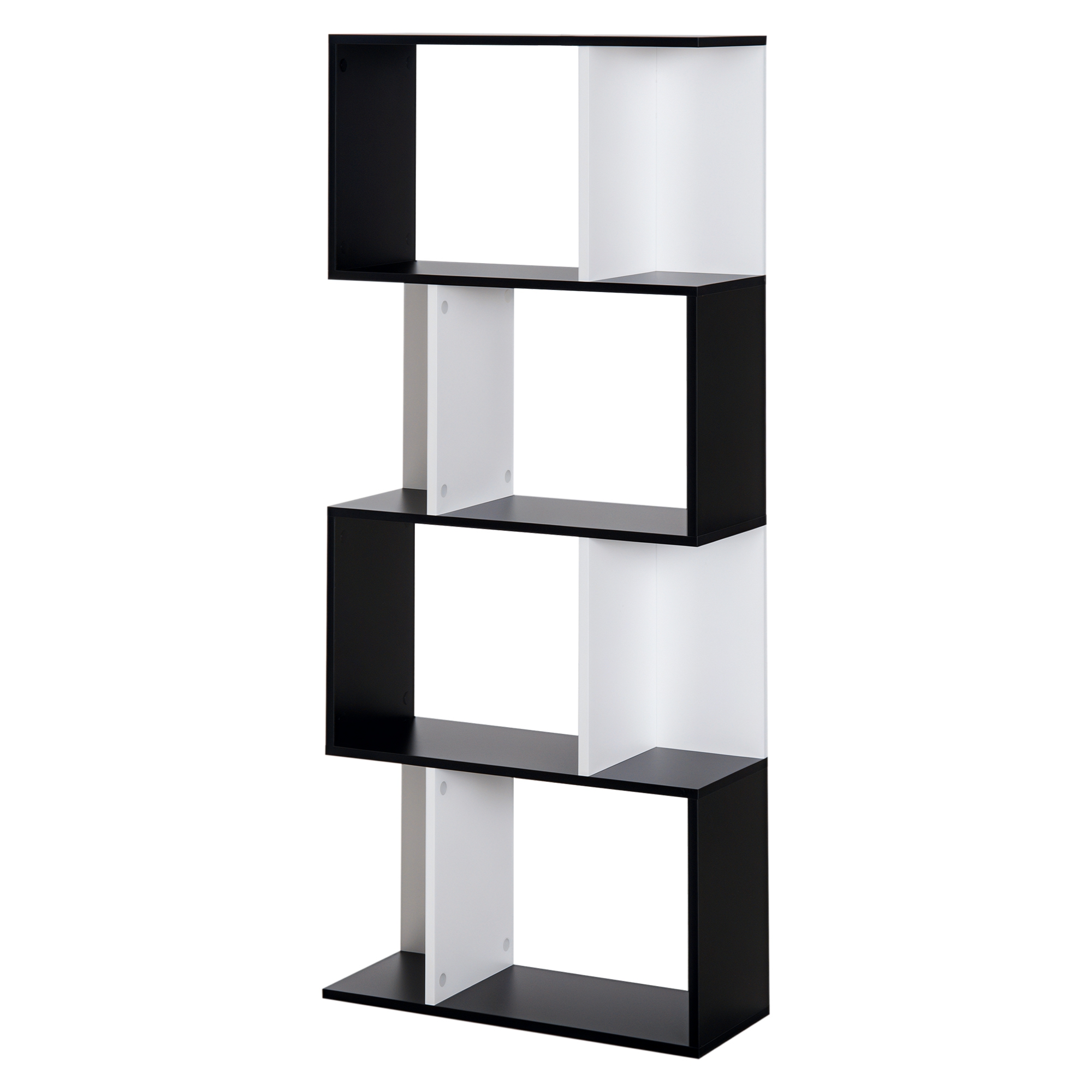HOMCOM  Bücherregal S-förmiges Standregal Lagerregal 4-stufige Vitrine mit Hardware-Schnalle moderner Raumteiler Spanplatte Schwarz+Weiß 60 x 24 x 148 cm