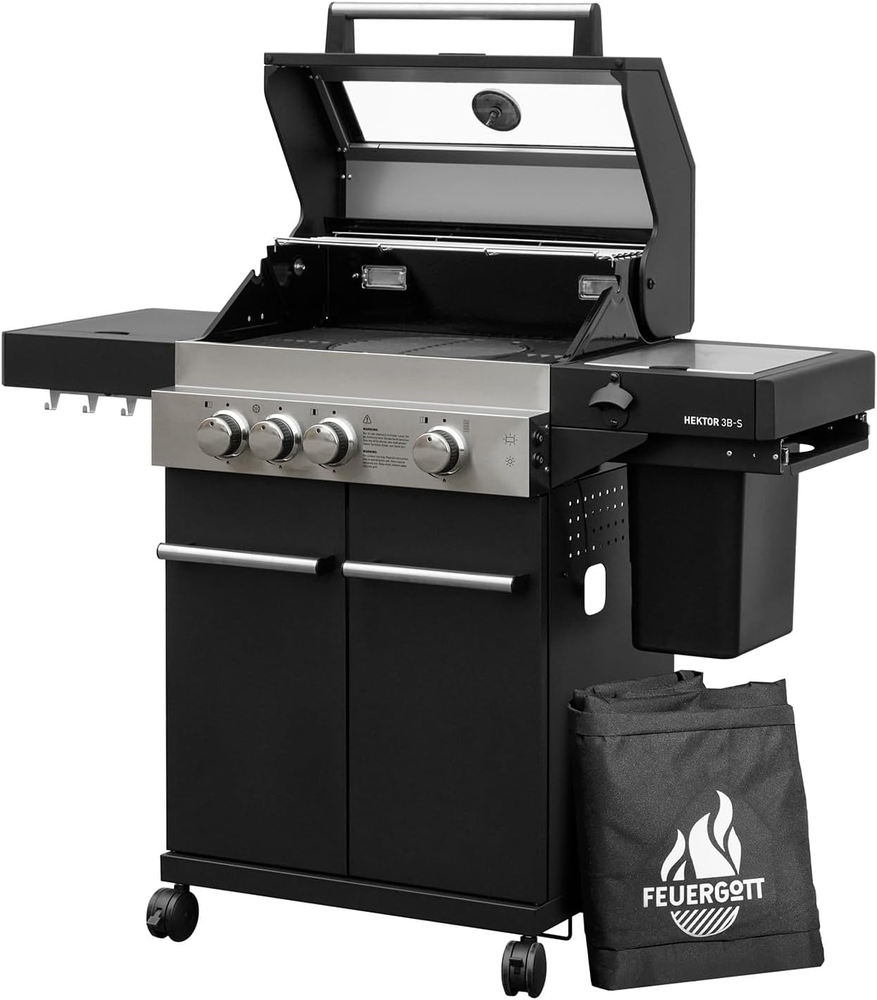 Gasgrill Hektor 3B-S Edelstahl Gasgrillstation 3 Brenner, Infrarot Sear-Brenner, Gusseisen-Grillrost, Seitenkocher und Kochplatte Inkl. Abdeckhaube für Garten, Terrasse