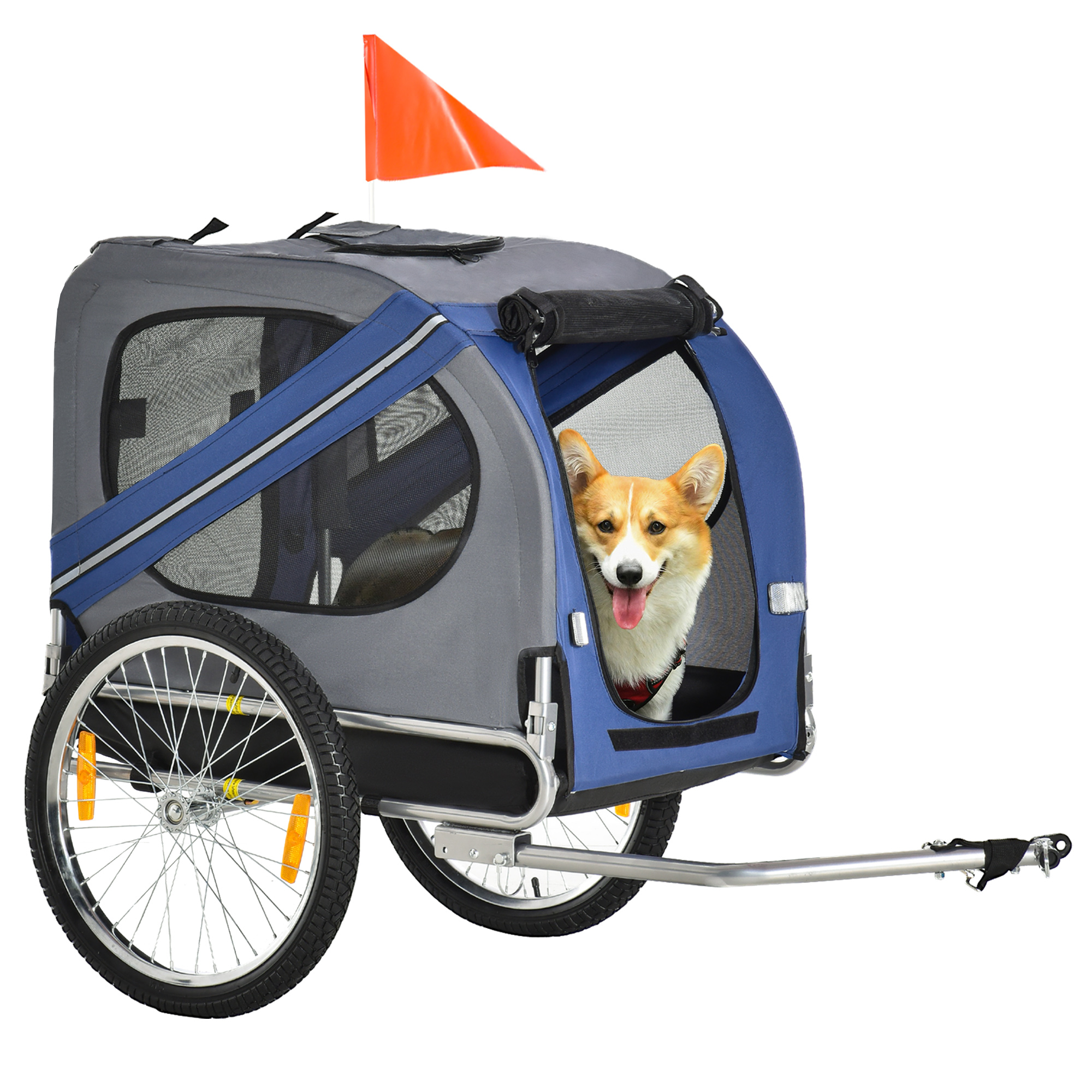 PawHut 2-in-1 Haustieranhänger Fahrradanhänger bis 20kg klappbar Regenschutz Sicherheitsfahne Reflektoren Stahl grau+blau 130 x 73 x 90cm