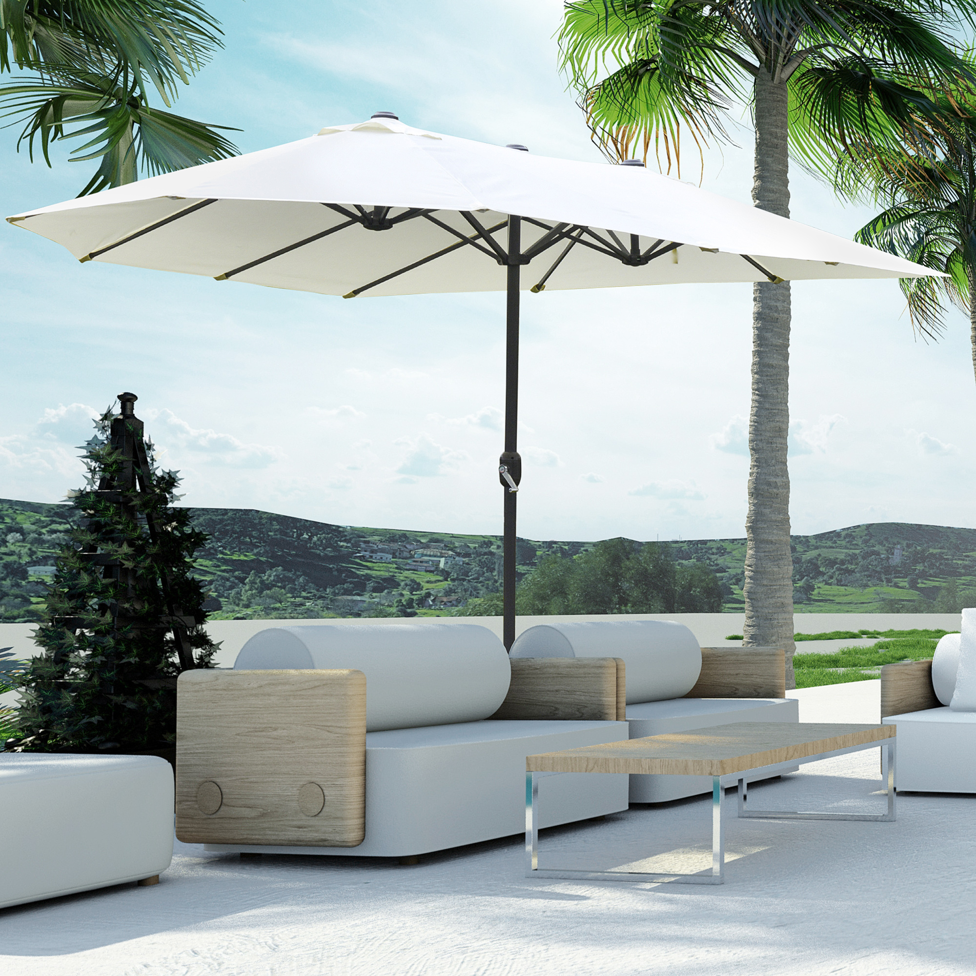 XXL-Gartenschirm, großer Sonnenschirm 4,6L x 2,7B x 2,4H m, Kurbelöffnung und -schließung, Stahl, hochdichtes Polyester, Gewichtssäcke und Sonnenschirmsockel inklusive, Creme